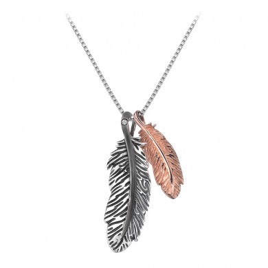 Feather Double Drop Pendant - Silver and Rose Gold Plated